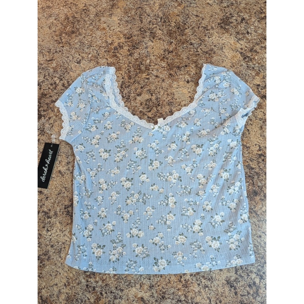 Derek Heart Baby Blue Sweetheart Rose Gingham Floral Lace Top Junior XL new tags
